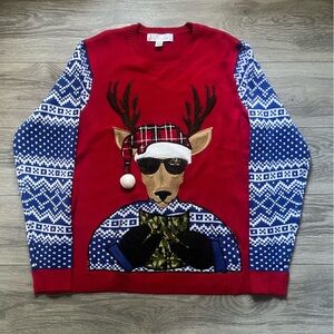 Jolly Sweaters Men’s Holiday Christmas Reindeer Crew Sequin Red Blue Size XL